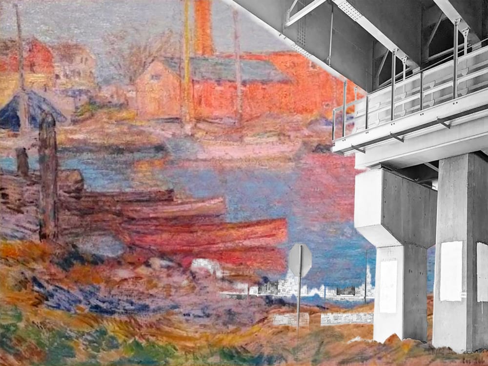 Childe Hassam, The Red Mill, Cos Cob, 1896. Oil on canvas. Courtesy of Greenwich Historical Society with I-95 superimposed
