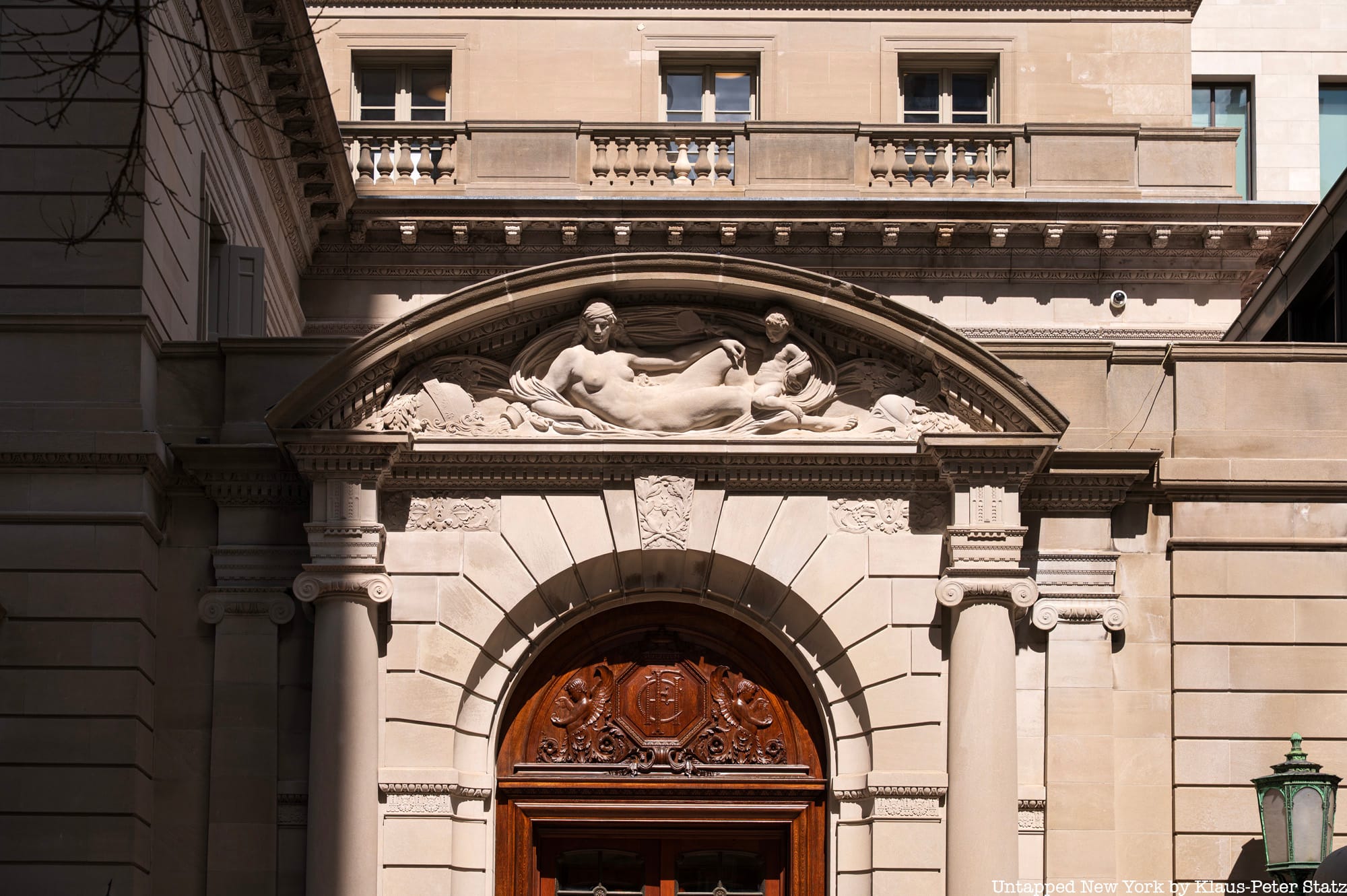 70th Street entrance to Frick Villa, pediment sculpted by Sherry Edmundson Fry and carved into stone by Attilio Piccirilli