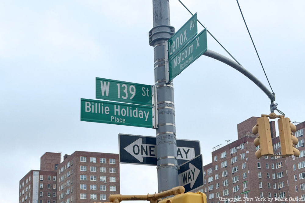 Street signs at the corner of W 139 St and Lenox Ave, including Billie Holiday place