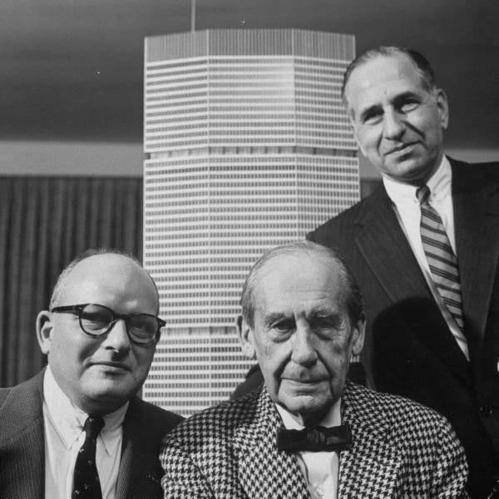 Richard Roth Sr, Walter Gropius and Erwin Wolfson in front of model of Pan Am building
