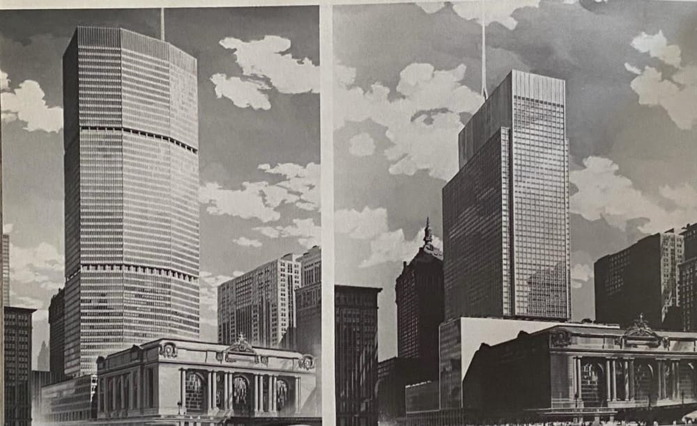 The final design for the Pan Am Building sitting east-west (L) and the original design sitting north-south (R)
