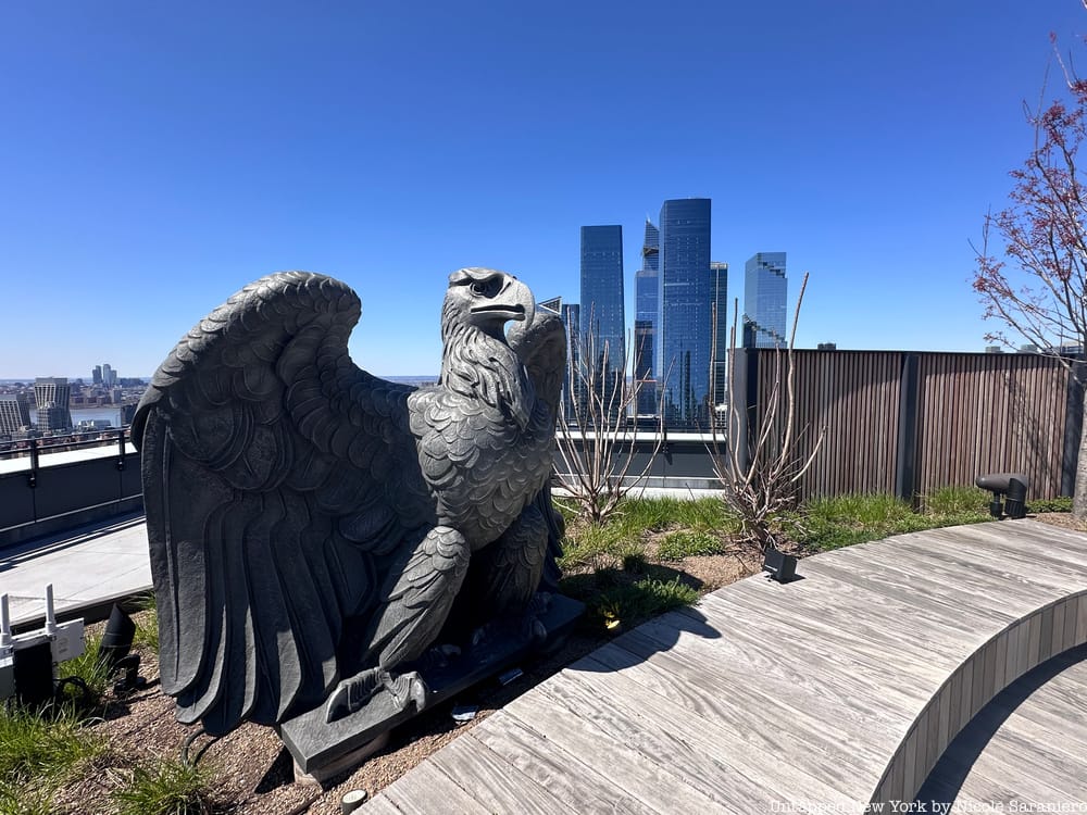 The Replica Penn Station Eagle with Hudson yard in the Background