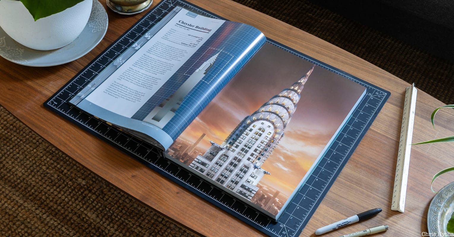 Open book showing a photo of the Chrysler Building