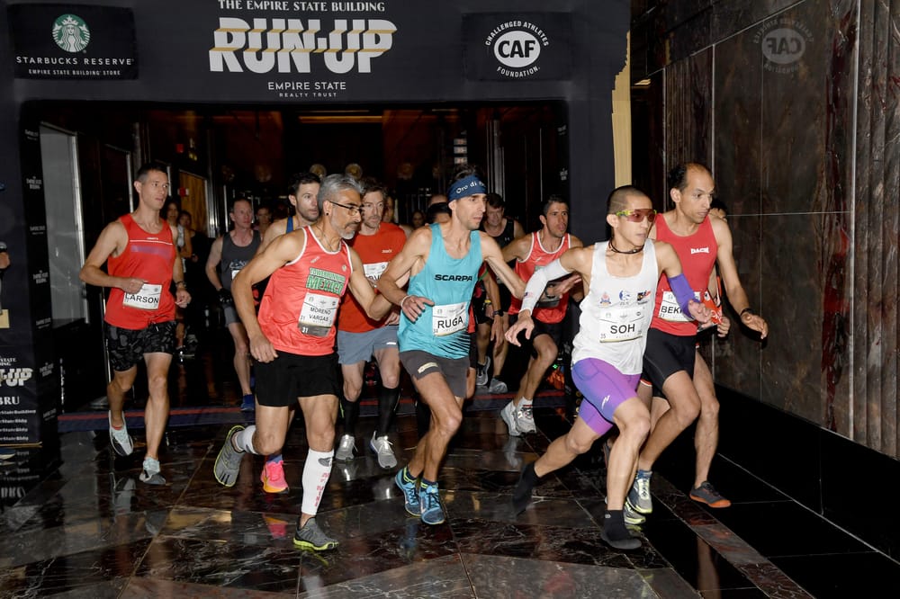 Runners participate in the 46th Annual Empire State Building Run-Up Presented By Starbucks at The Empire State Building on October 09, 2024 in New York City.