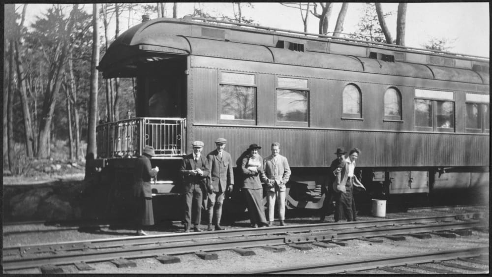Friends of Henry Clay Frick Posing with the Westmoreland railway car near Eagle Rock, the Frick family summer home in Prides Crossing. Massachusetts, ca. 1915 The Frick Collection Archives