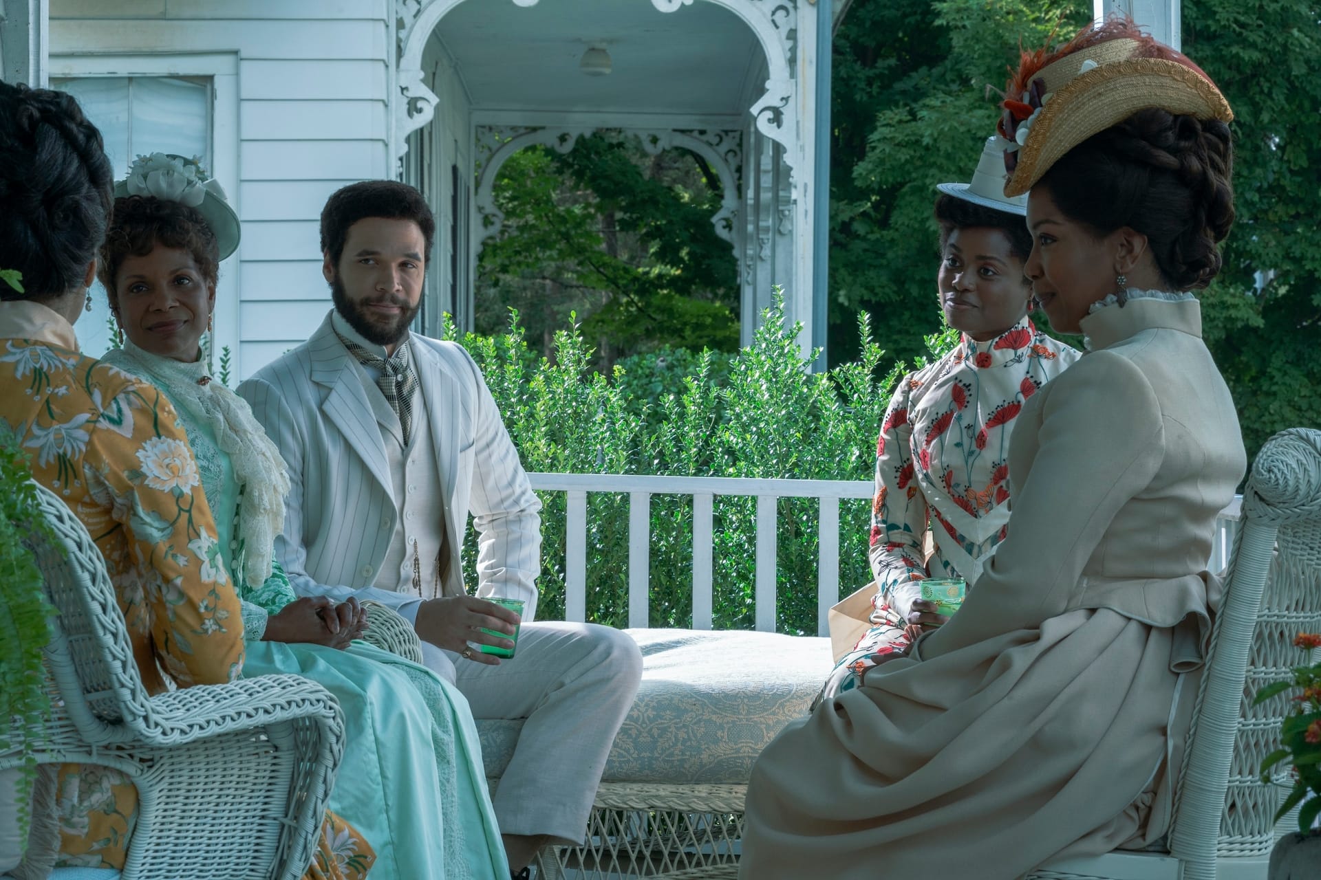 Audra McDonald, Jordan Donica, Denée Benton, Jessica Frances Dukes sit on a porch