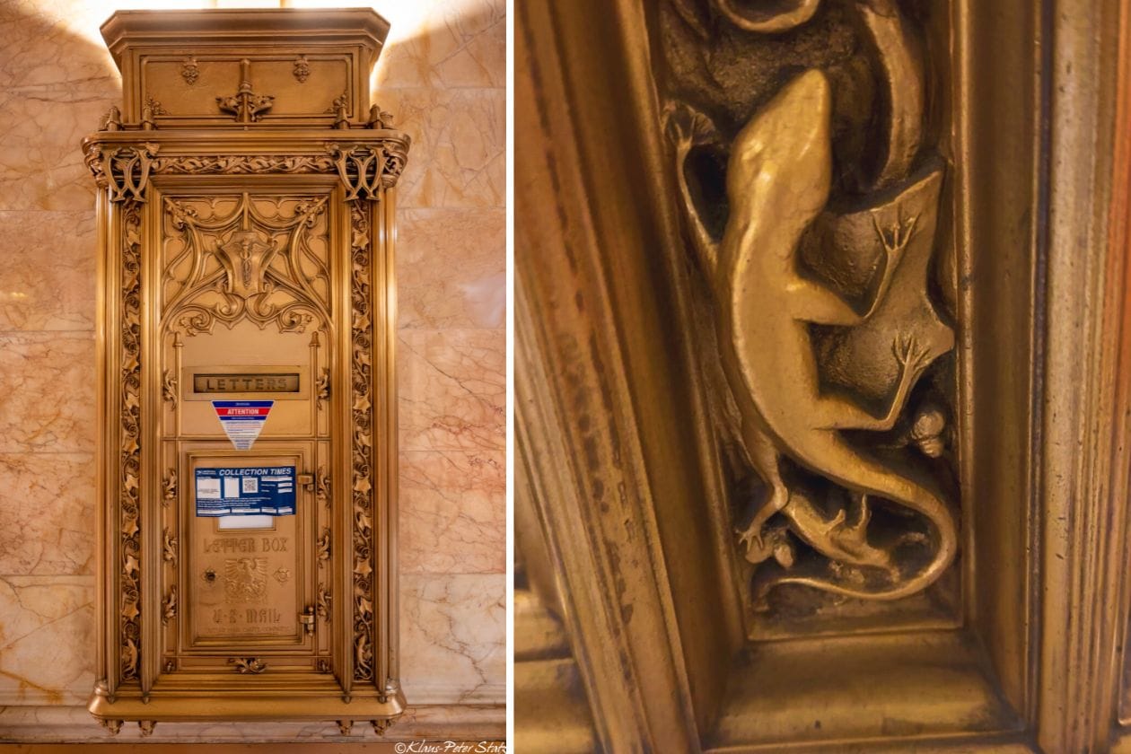 Mailbox in the Woolworth Building Lobby and close-up of salamander detail