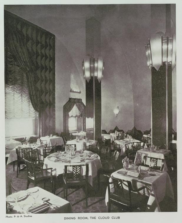 Black and white photo of The Cloud Club dining room