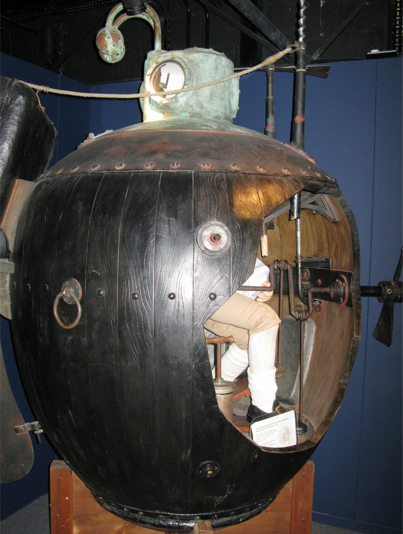 ull sized replica of the Turtle submersible at the Royal Navy Submarine Museum. A museum replica of David Bushnell's Turtle submarine — the egg-shaped, hand-powered one-man vessel that attempted to attach a torpedo to a British warship in New York Harbor in 1776.