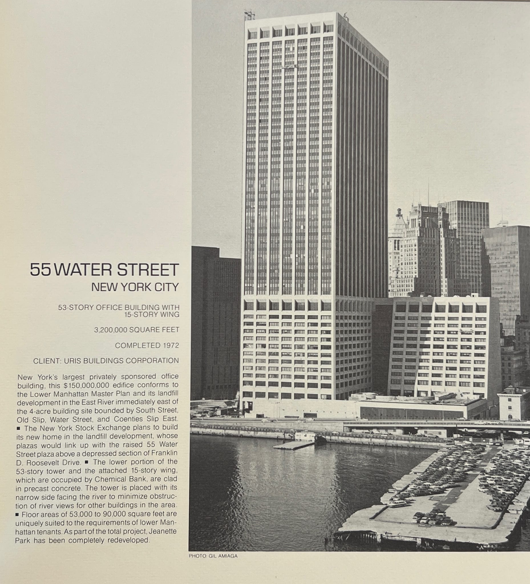 A page from the Emery Roth & Sons catalogue that show an image of 55 Water Street and tells facts about the building
