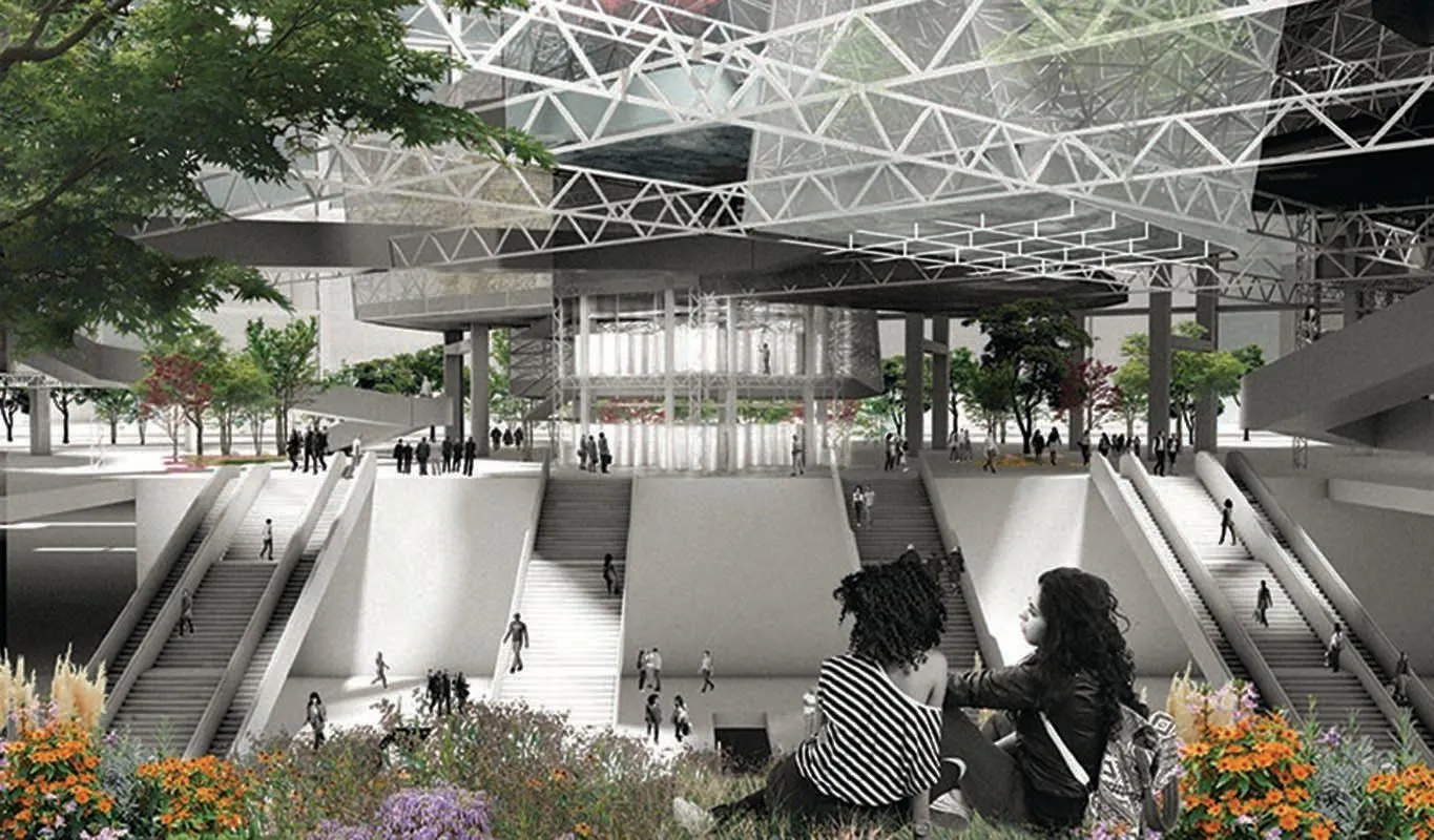Rendering of Madison Square Garden, reimagined as a cemetery and public space