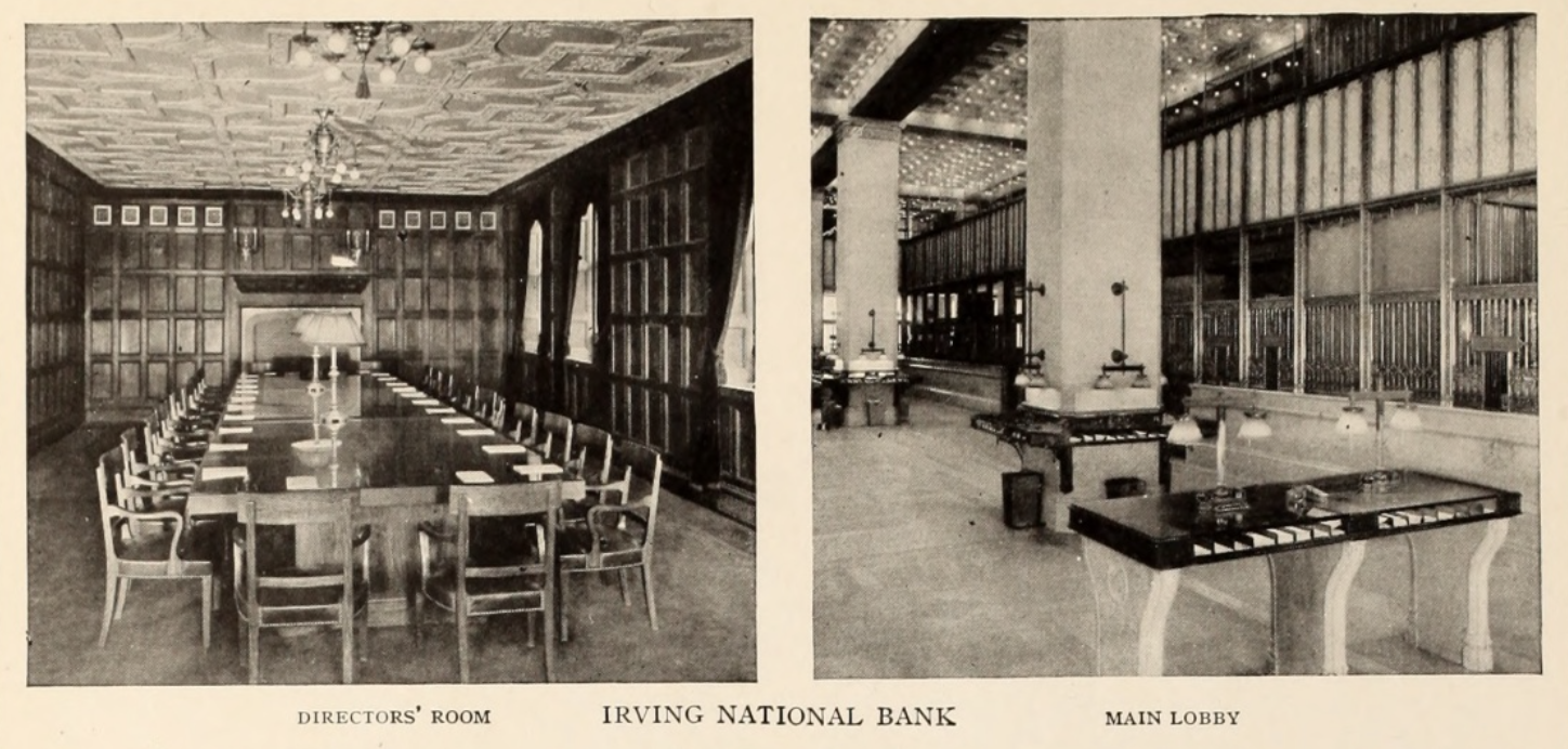 Old photographs of the Director's Room and Main Lobby of the bank within the Woolworth Building