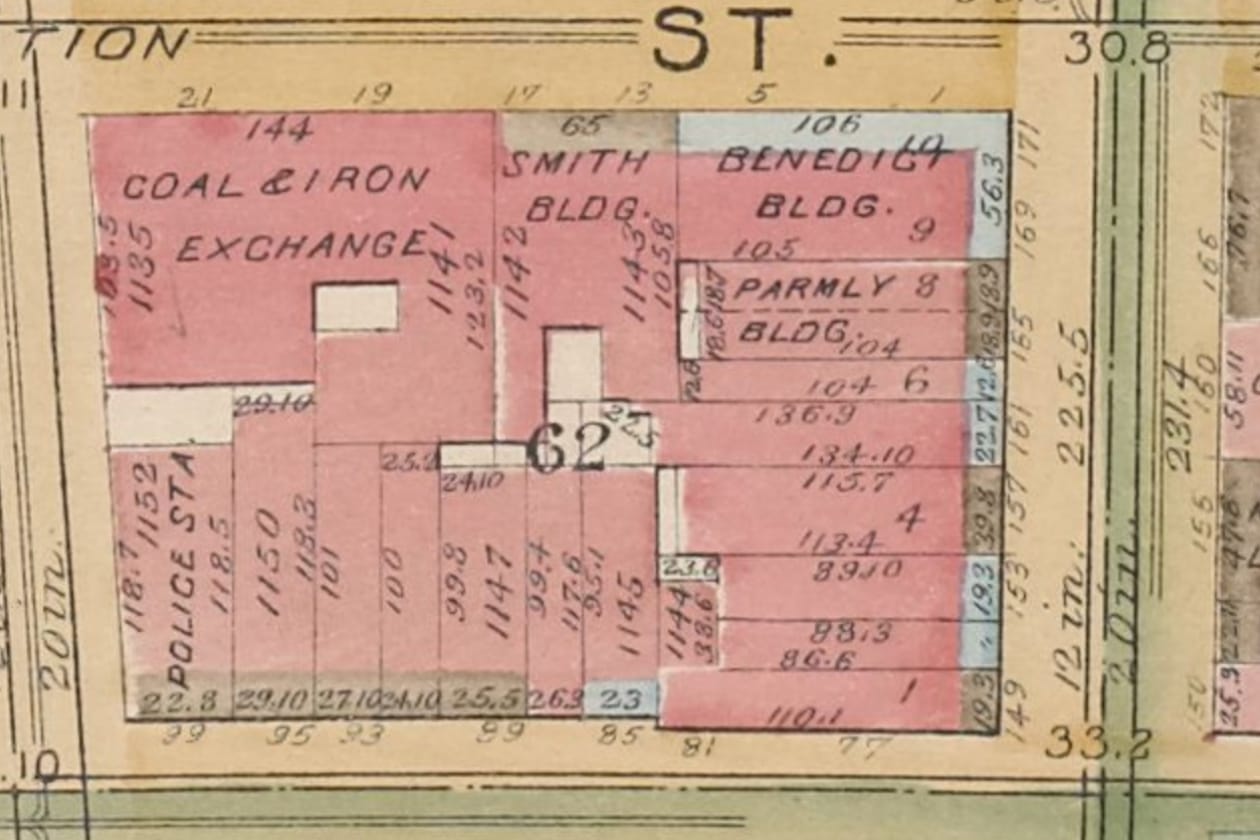 Fire insurance map of block bounded by Liberty Street, Broadway, and Church Street