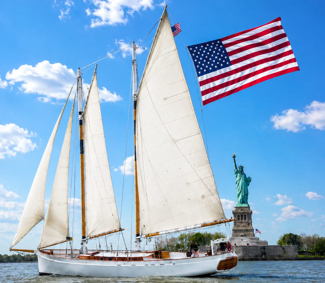 A schooner with an American flag sails past the Statue of Liberty