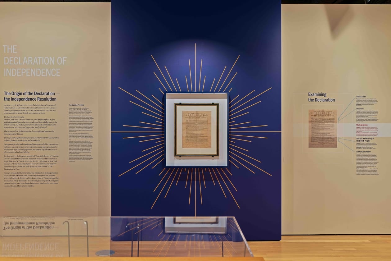 The Declaration of Independence on display in the Long Trail to Liberty exhibit
