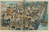 A cartoon of crowds walking over the Brooklyn Bridge on opening day