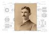 Nikola Tesla portrait photograph circa 1885, overlaid on the patent drawings for his alternating current motor invented at 89 Liberty Street in Manhattan
