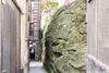 A Giant Rock Sandwiched Between Two Buildings in Morningside Heights