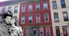 The Honeymooners House in Brooklyn with a photo of Jackie Gleason and Audrey Meadows superimposed above it