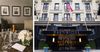 Two champagne glasses and a bottle of champagne in a hotel room next to a photo of the front of the Martinique Hotel