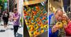 A tray of rainbow bagels and candid photos of people on a bagel tour