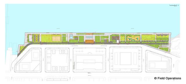Two Trees and Shop Architects created a five-block-long public waterfront park as part of the site's redevelopment