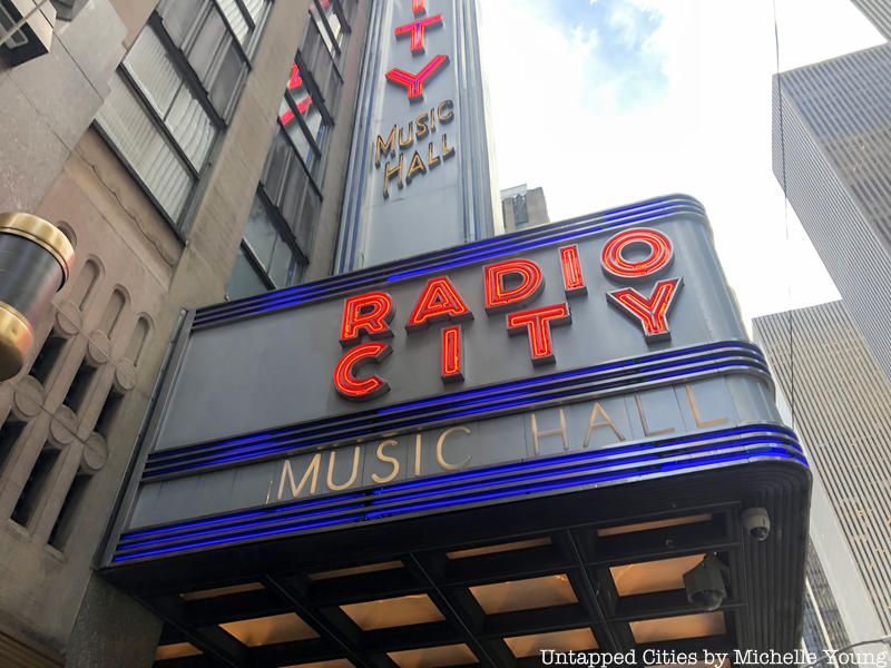 Radio City Musical Hall red and blue neon sign
