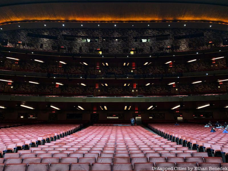 Rows of red Radio City Musical Hall theater seats