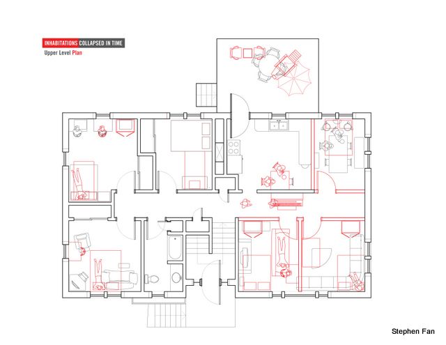 Floor plan of a typical ranch home, with possible Chinese adaptations in red