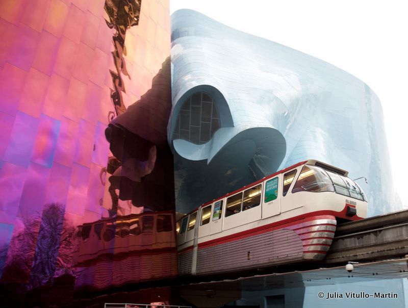 Seattle's Monorail emerging from Frank Gehry's EMP