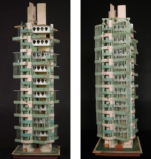 Front and rear views of Frank Lloyd Wright's architectural model for the St. Mark's Tower project in the East Village — an unbuilt skyscraper design featuring cantilevered green balconies and a taproot structural system