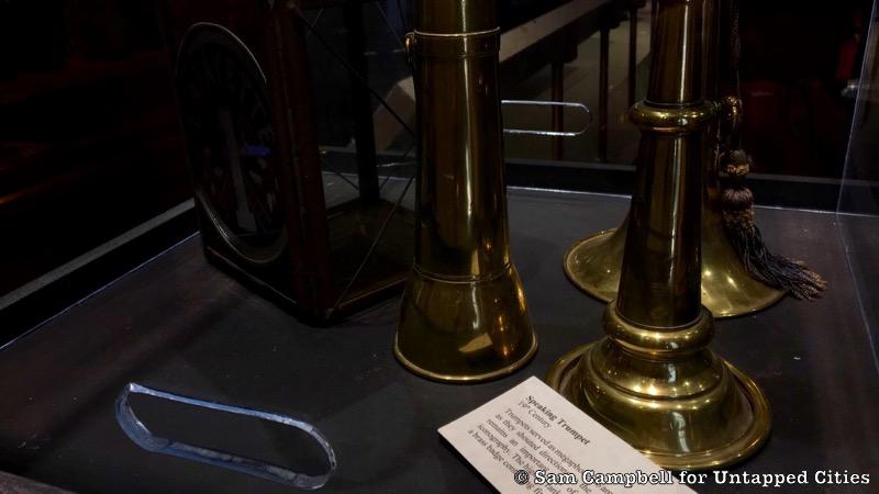Trumpets on display in a museum case