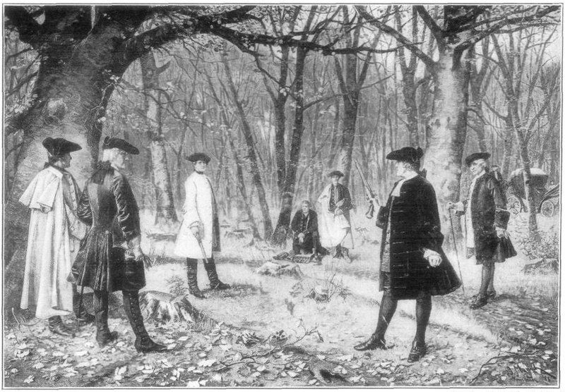 Illustration, “Duel between Alexander Hamilton and Aaron Burr. After the painting by J. Mund.” Image from Wikimedia Commons.