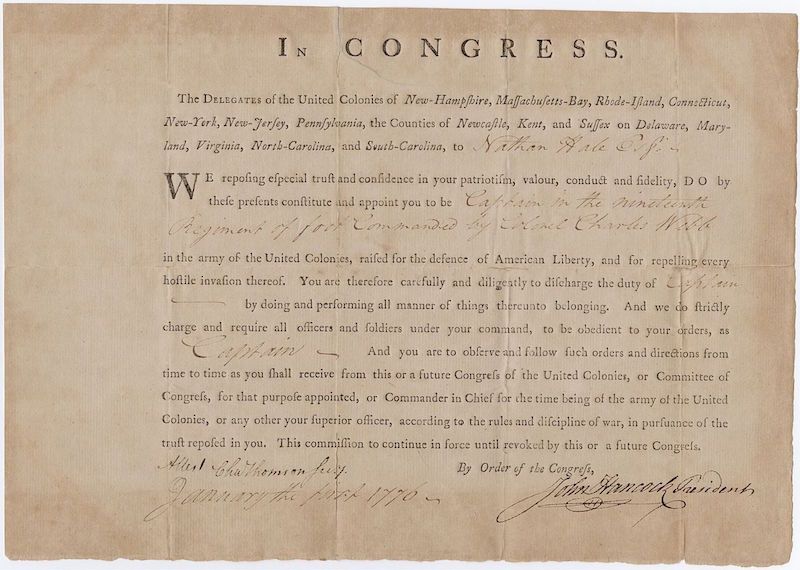 Nathan Hale’s commission as Captain in the 19th Regiment. From January 1, 1776 and complete with the John Hancock to beat all John Hancocks