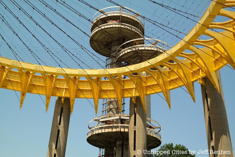 The yellow ring on top of the New York State Pavilion