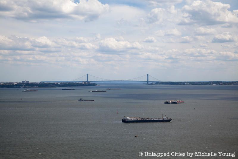 The Verrazzano-Narros Bridge in the distance with boats in the harbor
