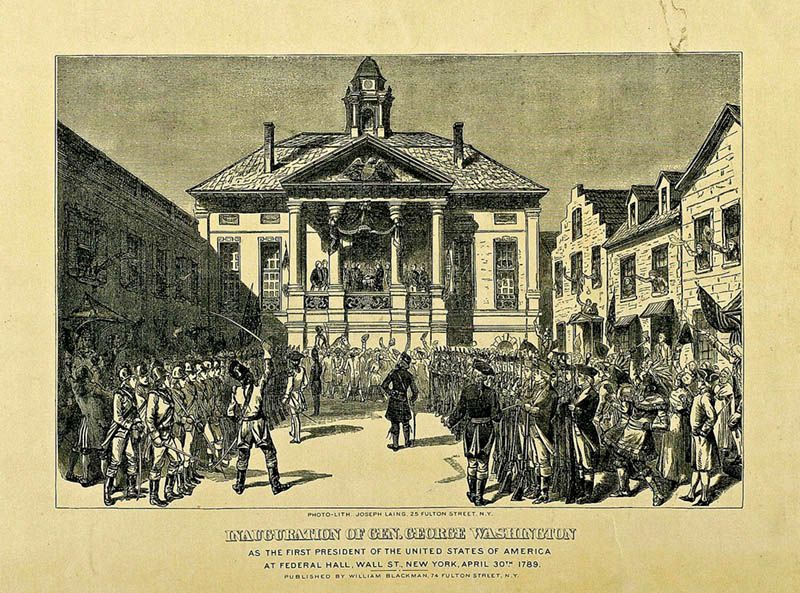Lithograph by Joseph Laing of George Washington's Inauguration outside Federal Hall 