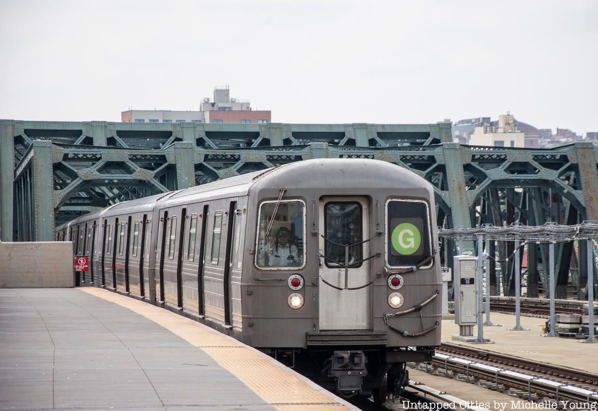 G train at Smith-9th Street station, the highest station in the Brooklyn subway system, NYC, and the world