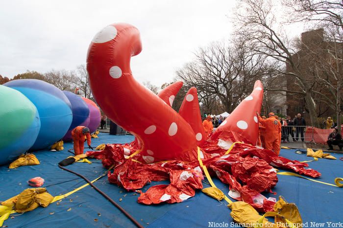 A new balloon designed by artist Yayoi Kusama, Love Flies Up to the Sky, partially inflate