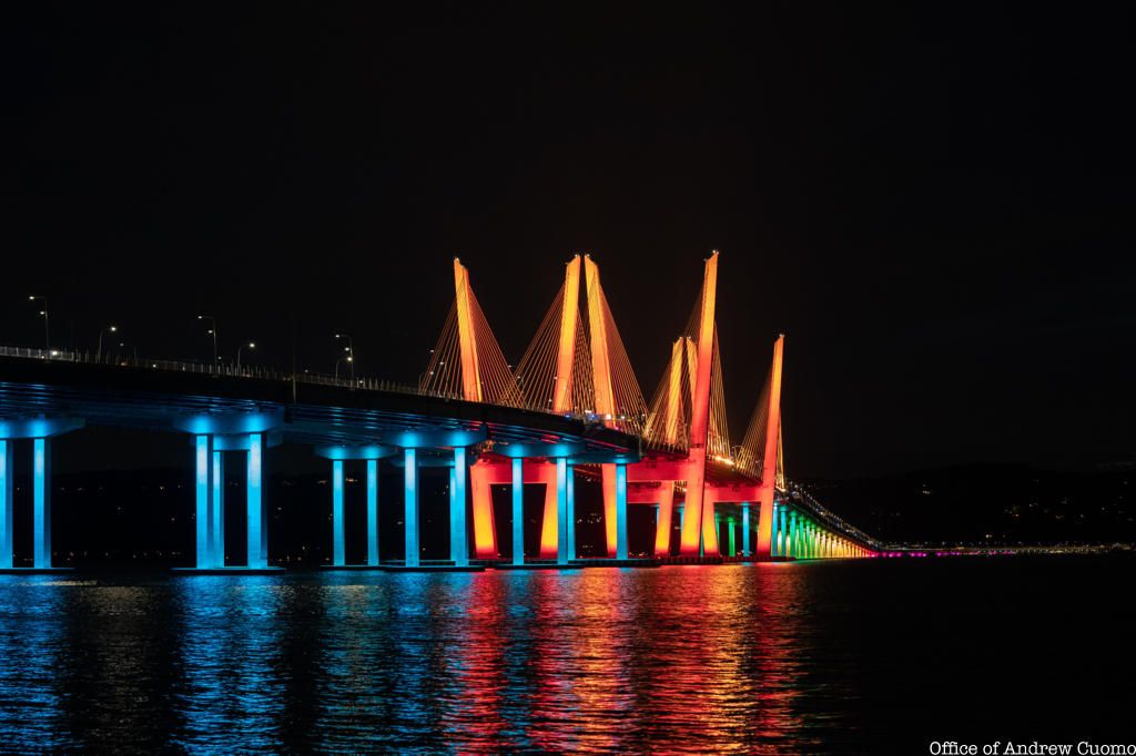 Mario Cuomo bridge lit up in PRIDE colors