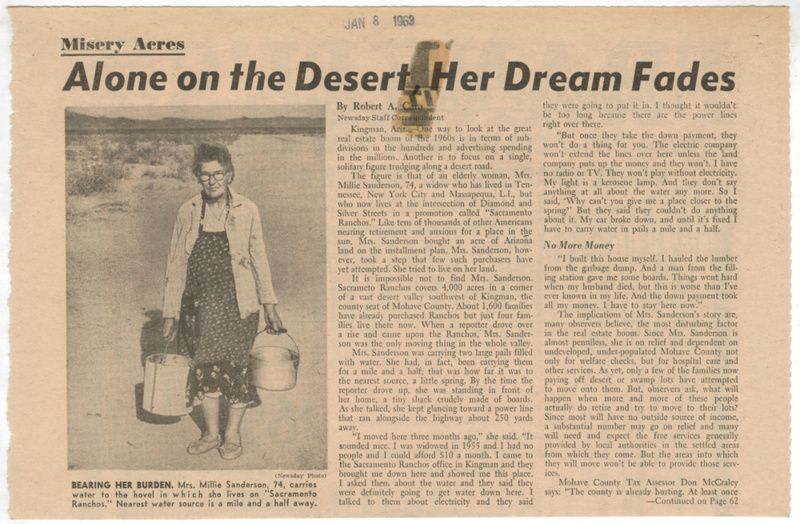 “Alone on the Desert, Her Dream Fades” Newsday, January 8, 1963. Courtesy of Robert A. Caro Archive, Patricia D. Klingenstein Library, New-York Historical Society.