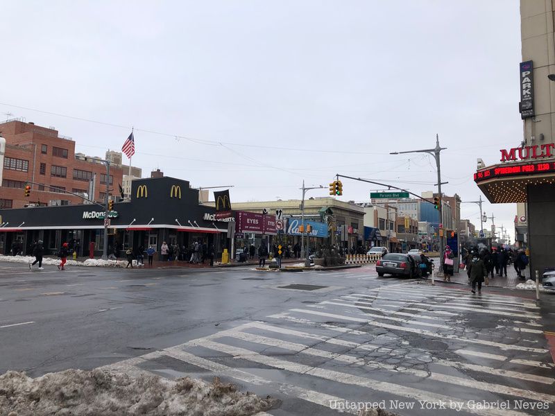Intersection of Parsons Boulevard and Jamaica Avenue at the terminus of the E train