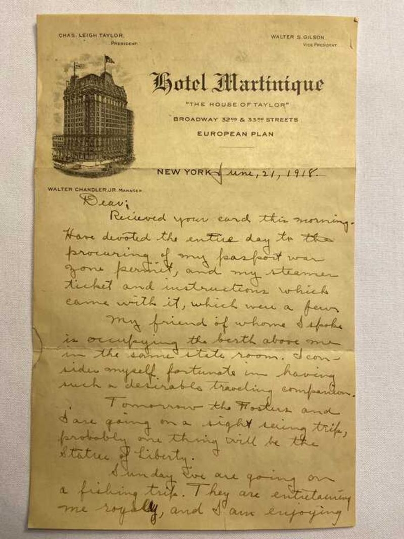 World War 1 era love letter written on Martinique Hotel stationary