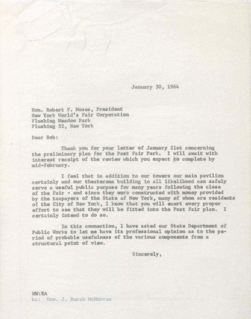 Letter from Malcom Wilsonn to Robert Moses concerning the New York State Pavilion