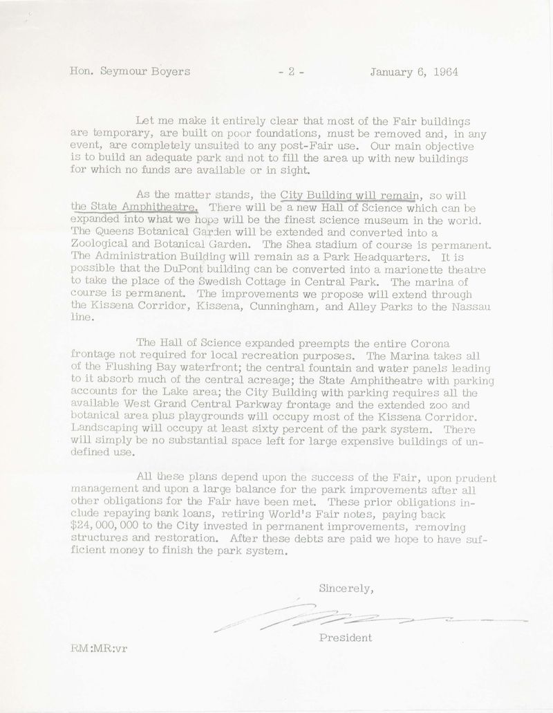 Letter from Robert Moses about the World's Fair Pavilion