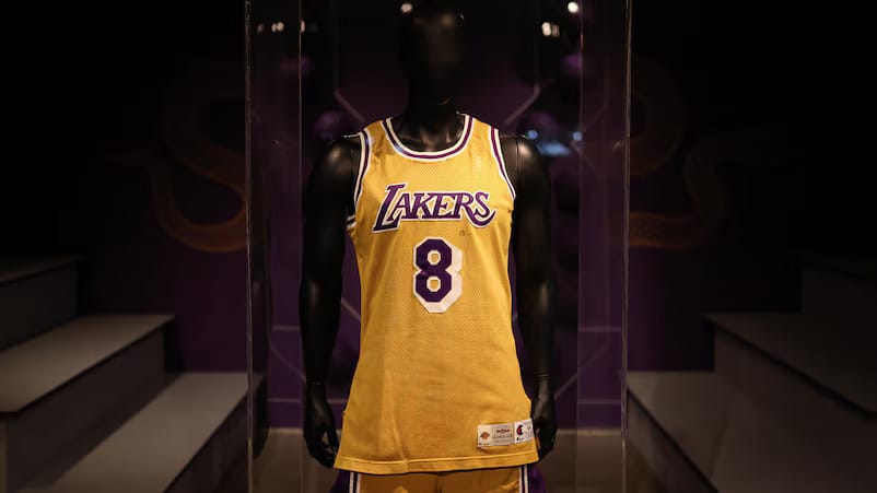 A jersey photo-matched to seven games in Kobe Bryant's 1996-97 rookie season with the Los Angeles Lakers—including his preseason debut, his regular-season debut, and his NBA media day—sold for $7M at Sotheby's last week