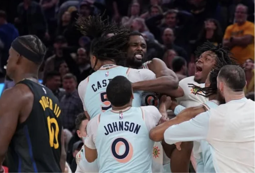 Harrison Barnes celebrates after hitting a buzzer-beating three-pointer to lead the San Antonio Spurs to a 114-111 victory over the Golden State Warriors on April 9, 2025.