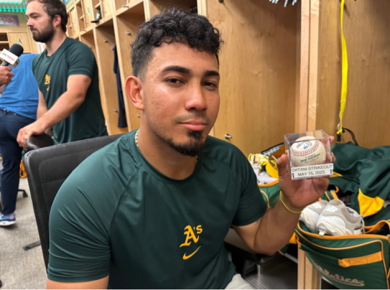 Athletics catcher Jhonny Pereda pitching against Shohei Ohtani during a game at Dodger Stadium.