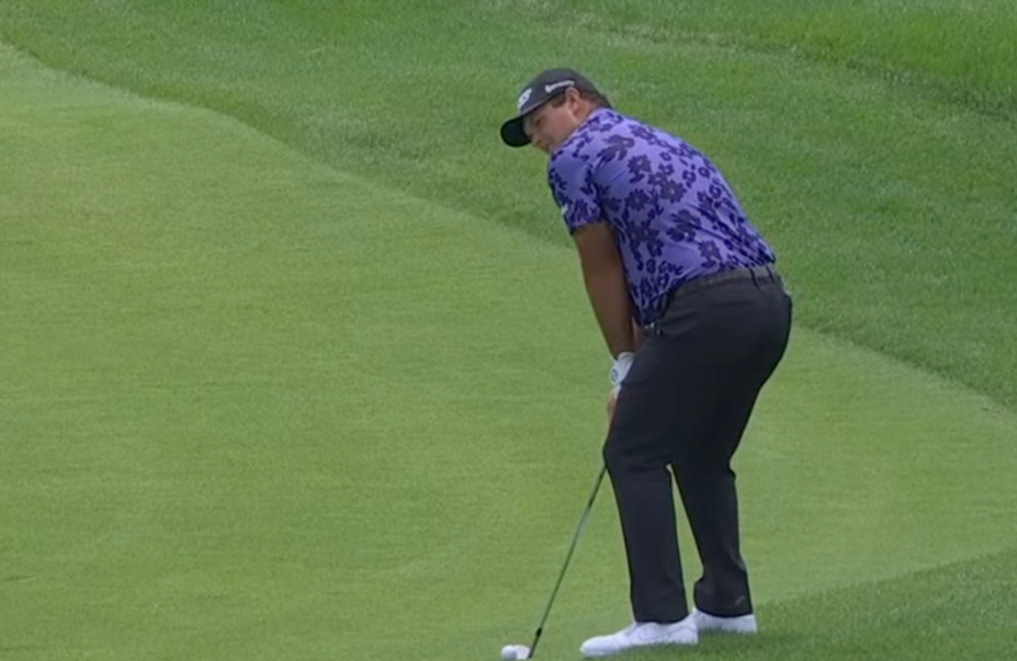 Patrick Reed reacts after holing out for eagle on the 17th hole at the 2025 Masters