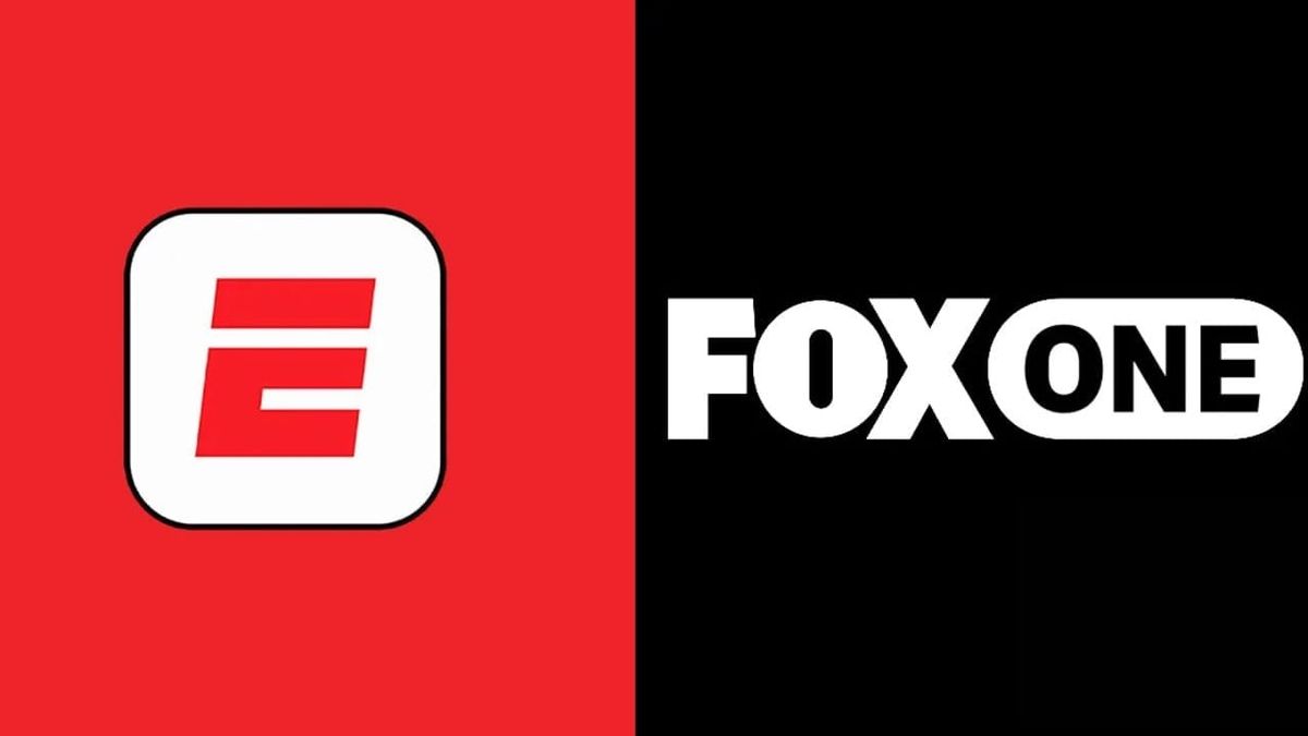 Illustration of ESPN and Fox logos clashing over a crowded sports streaming battlefield with subscription icons and streaming devices